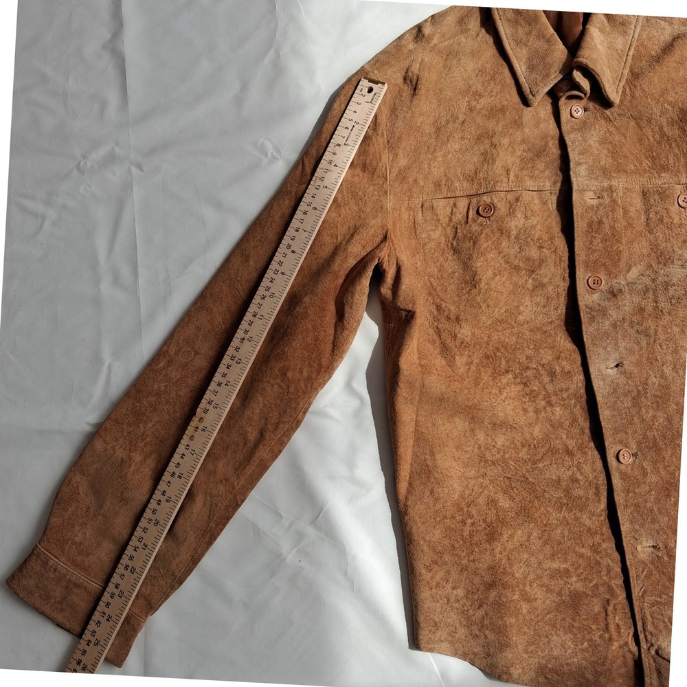 Danier Leather Suede Shirt Jacket Mens Tan Brown Button Front Lined Pockets - Picture 8 of 9